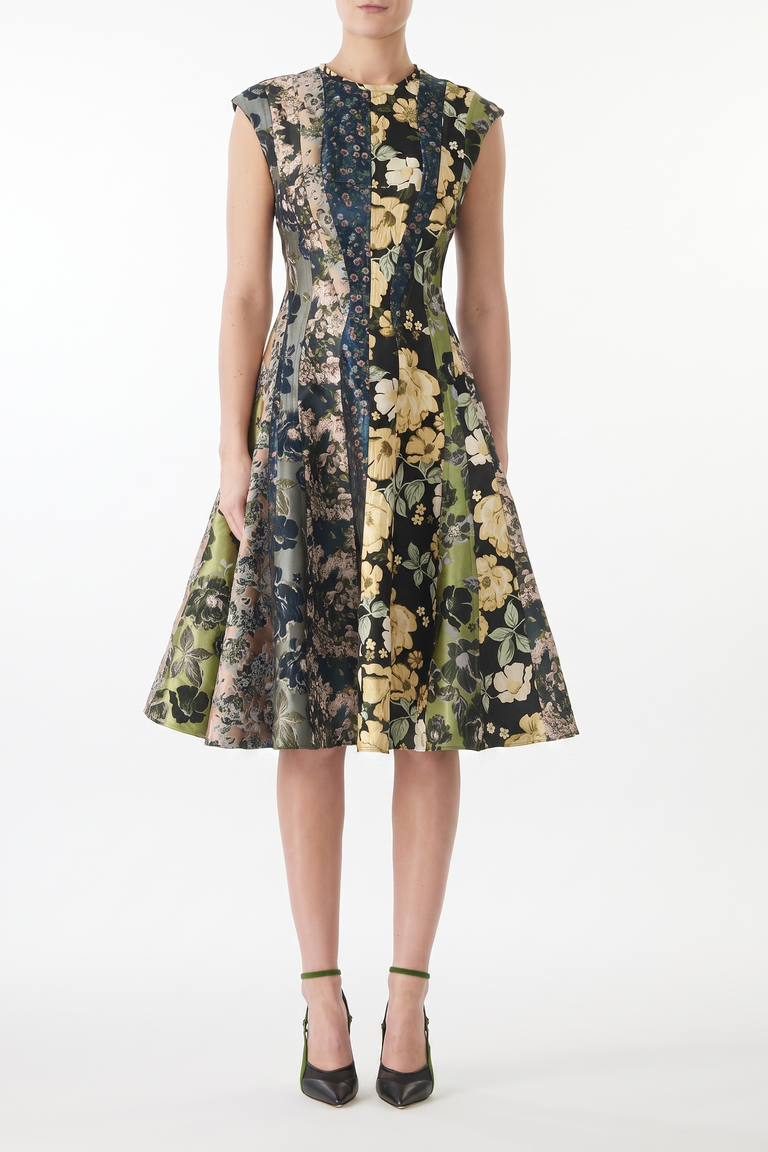 MIXED FLORAL JACQUARD PANELED MIDI DRESS view 3