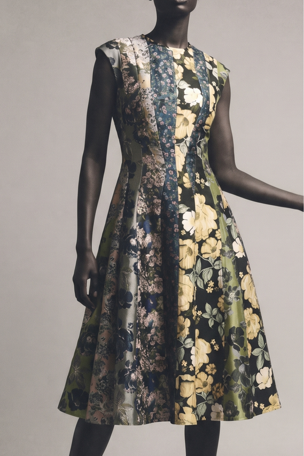 A sleeveless fit-and-flare dress with a floral patchwork print, against a plain light gray studio background. view 1