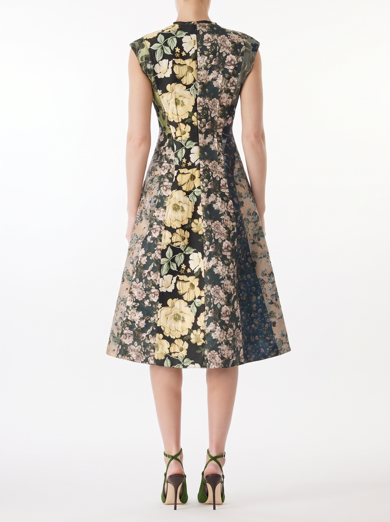 MIXED FLORAL JACQUARD PANELED MIDI DRESS view 4