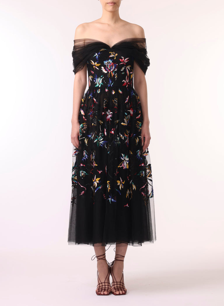 EMBROIDERED TULLE OFF THE SHOULDER COCKTAIL DRESS view 1