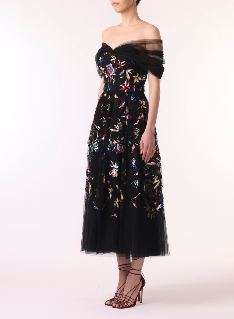 EMBROIDERED TULLE OFF THE SHOULDER COCKTAIL DRESS view 2