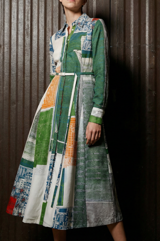 SANDWASHED SILK MIDI SHIRTDRESS WITH PLATTER ARTWORK BY ROBERT RAUSCHENBERG