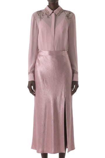 WASHED TWILL BIAS SLIP PENCIL MIDI SKIRT