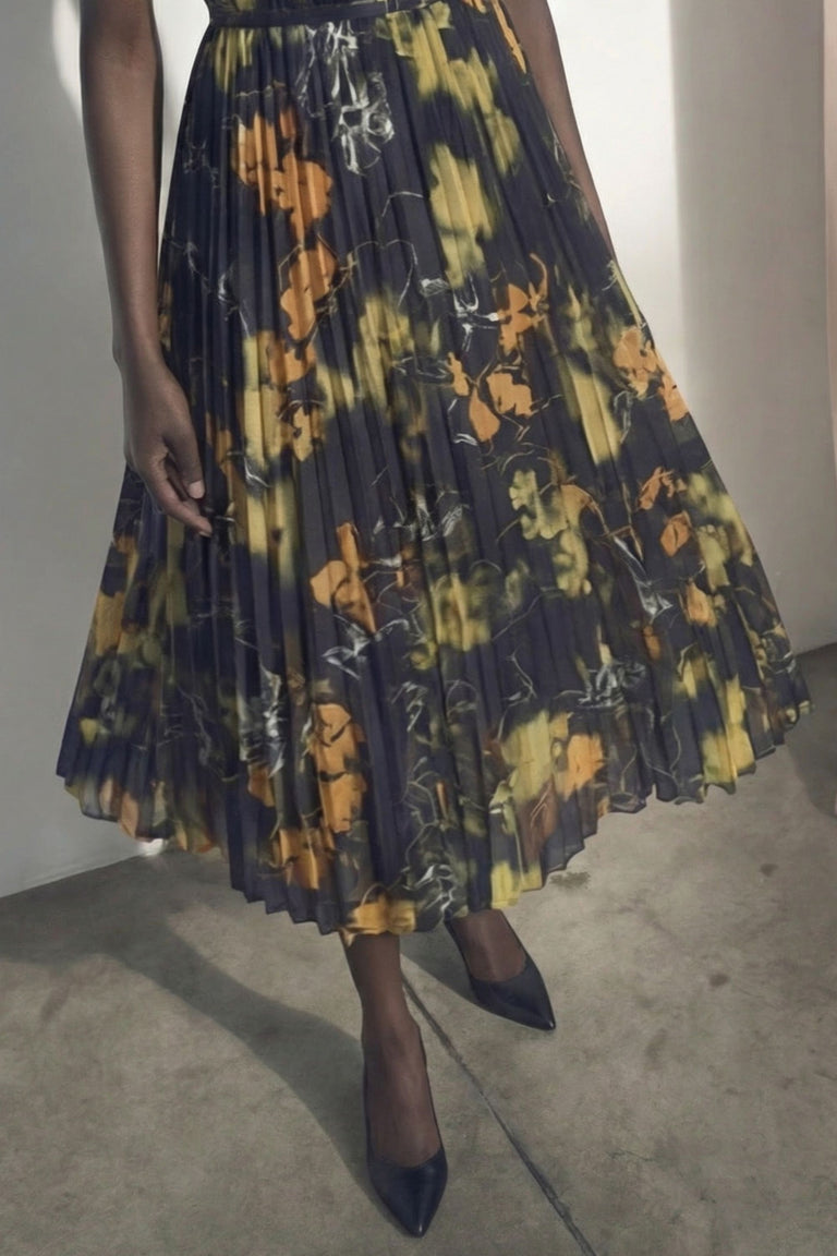 SHADOW FLORAL CREPE CHIFFON PLEATED MIDI DRESS view 2