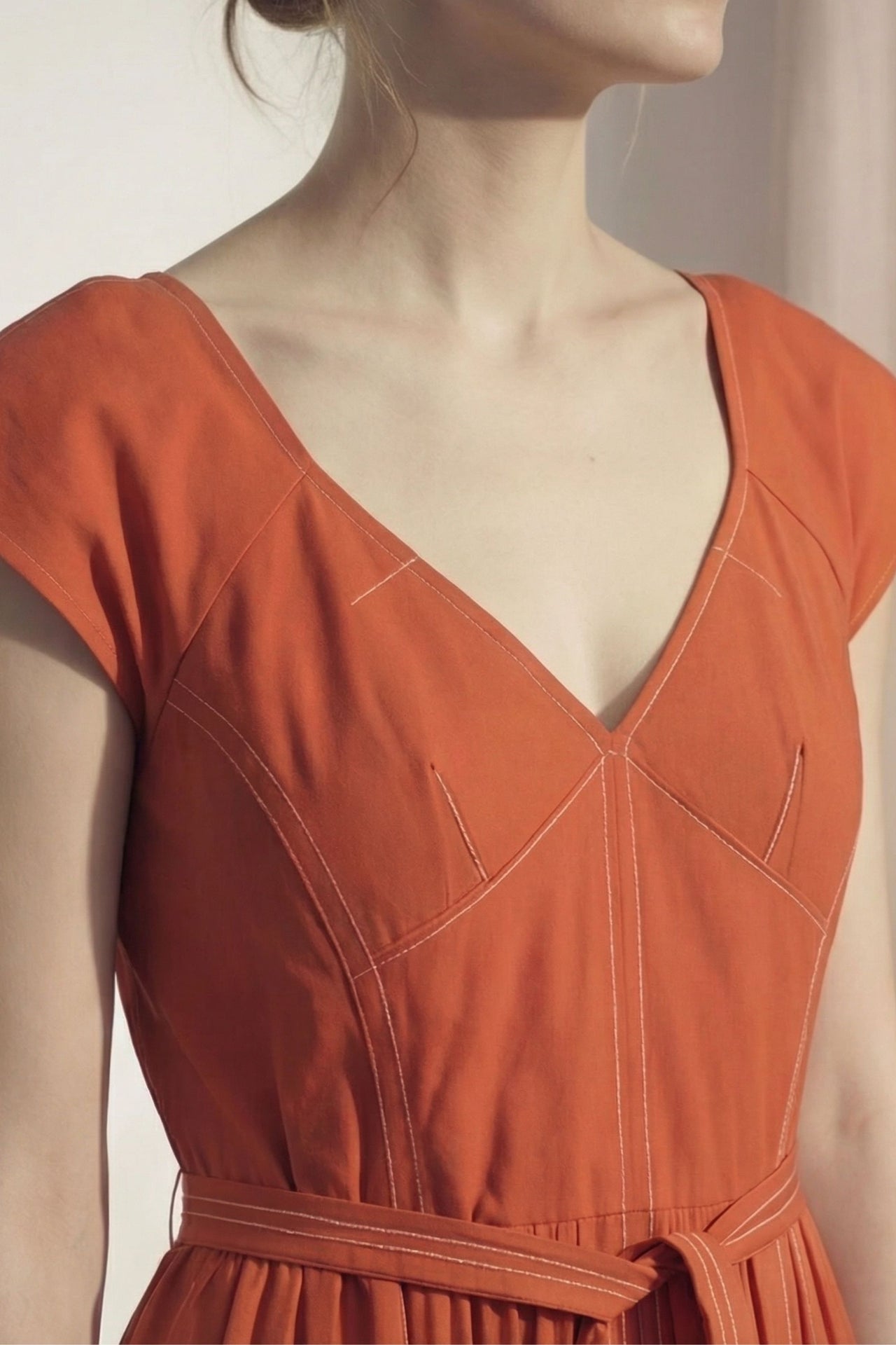 CAP SLEEVE V-NECK STRETCH COTTON DRESS view 2