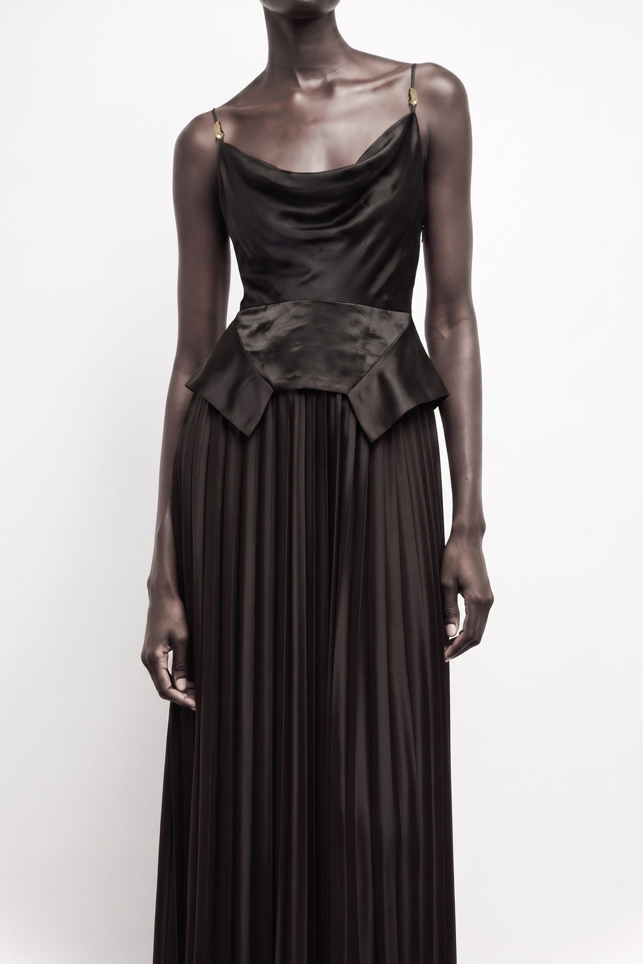 COWL NECK GOWN WITH KNIFE PLEATED SKIRT IN WASHED TWILL view 1