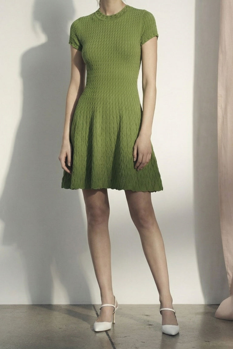 SHORT SLEEVE CABLE KNIT FIT AND FLARE DRESS view 1