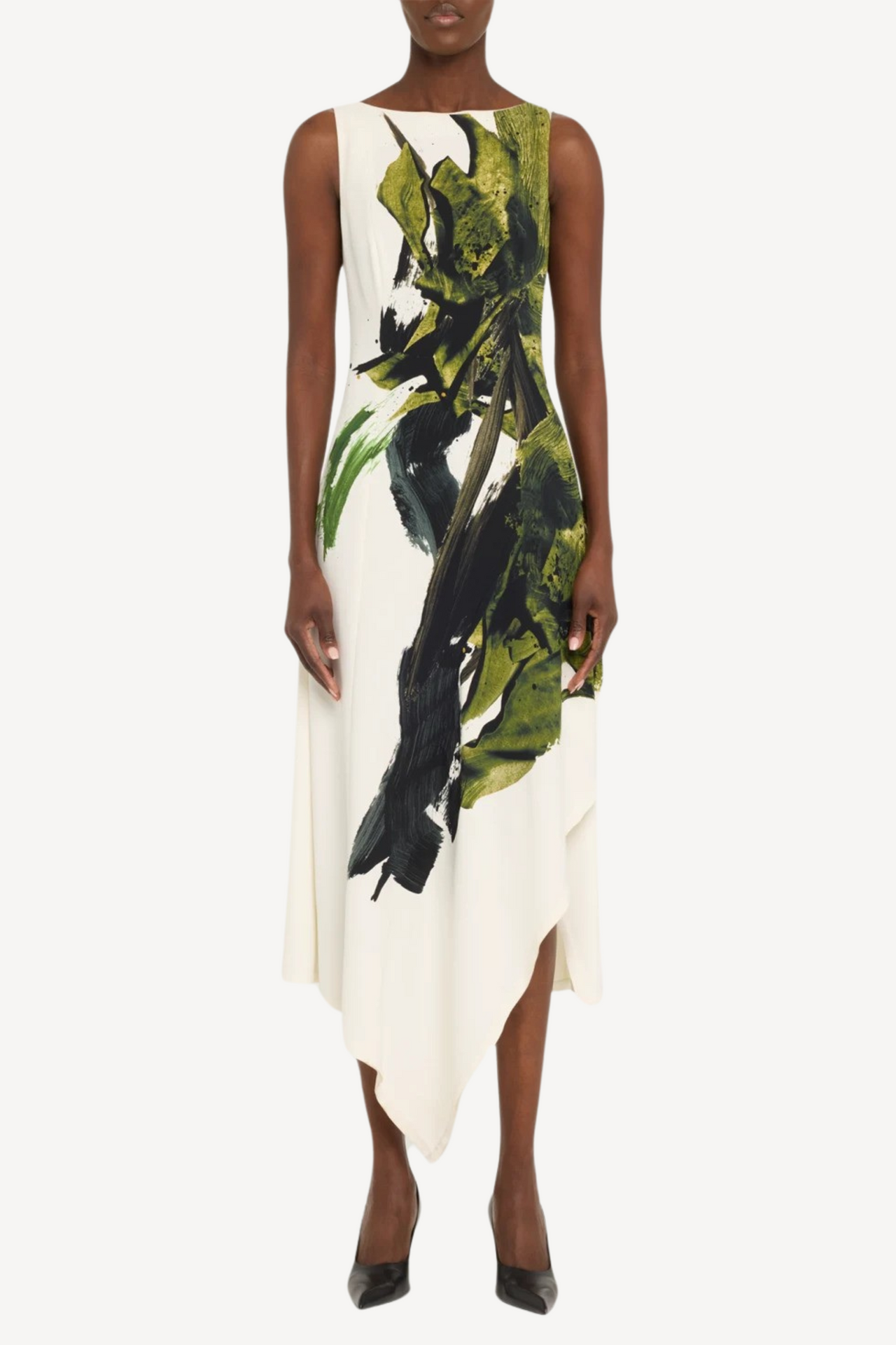 Boatneck Fit and Flare Crepe Dress with Brushstroke Print view 1