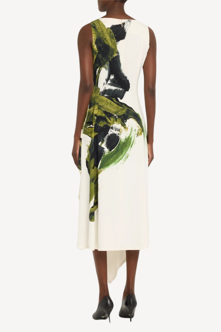 Boatneck Fit and Flare Crepe Dress with Brushstroke Print view 3