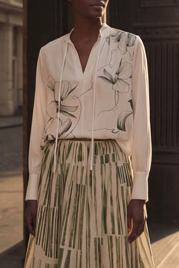 SHADOW FLORAL SILK TWILL TIE NECK BLOUSE view 1