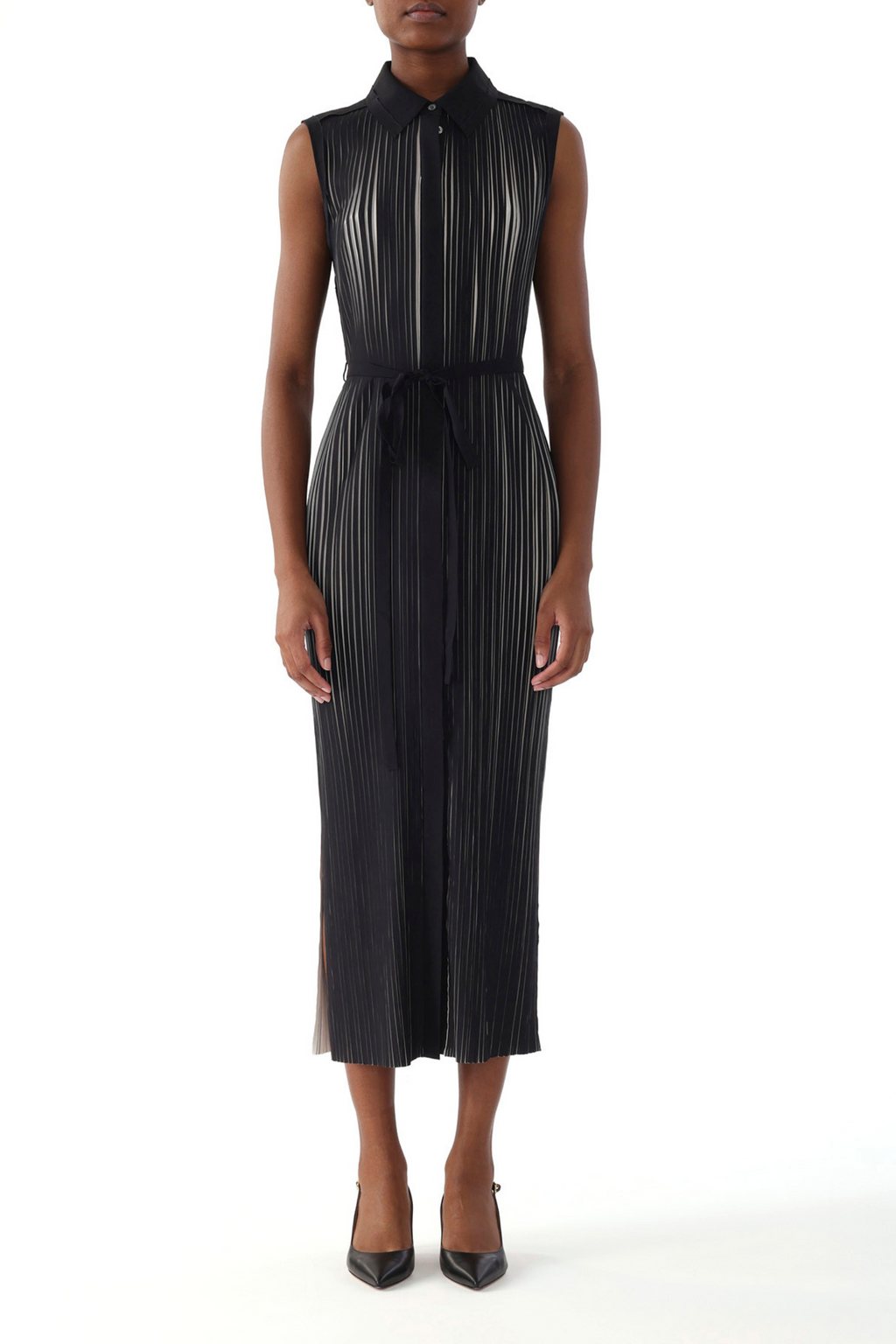 BICOLOR PRINTED PLEATED SLEEVELESS SHIRTDRESS