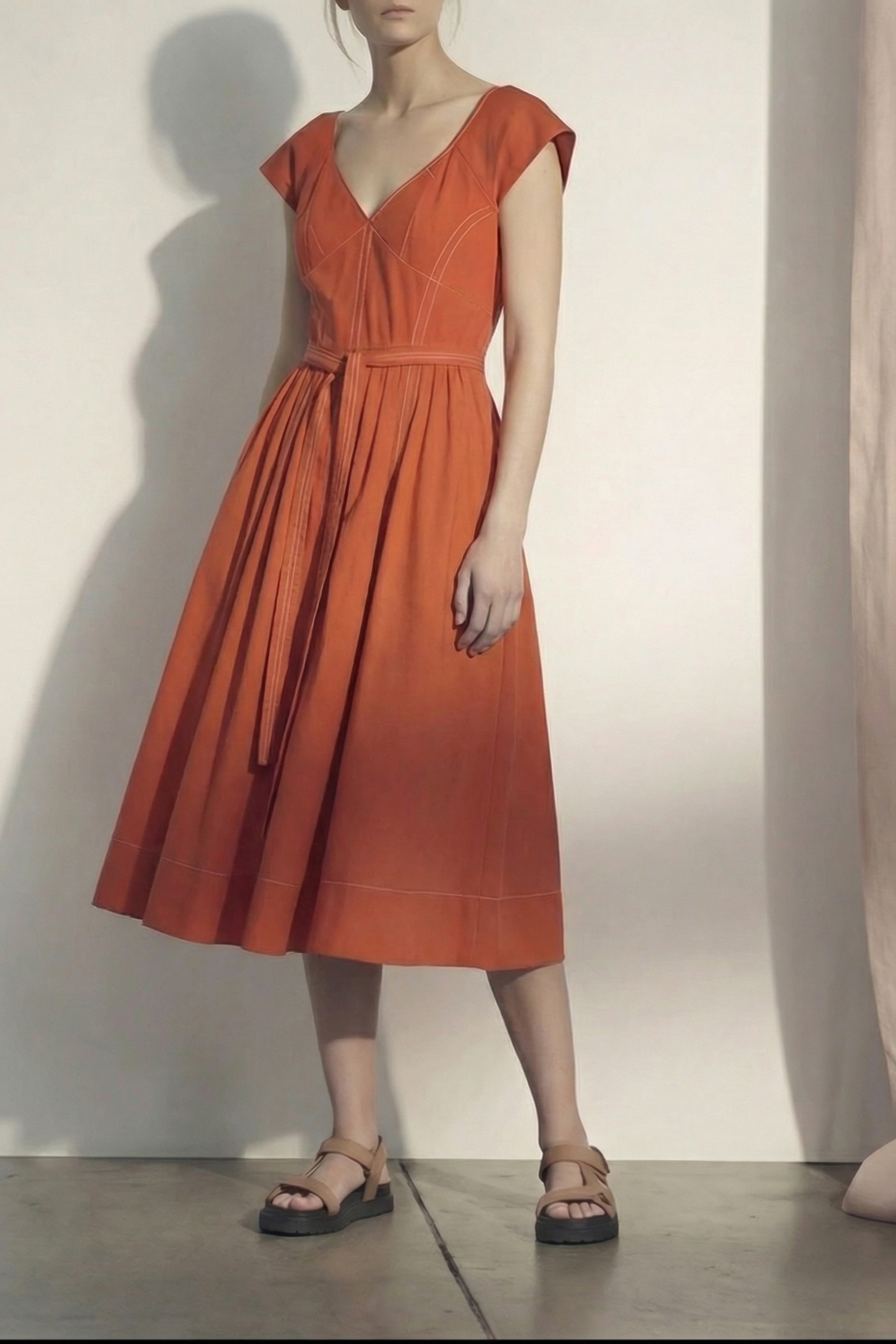 CAP SLEEVE V-NECK STRETCH COTTON DRESS view 1