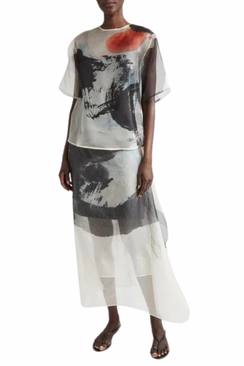 SILK ORGANZA PRINTED MIDI SKIRT WITH ARTWORK BY TONG YANG-TZE