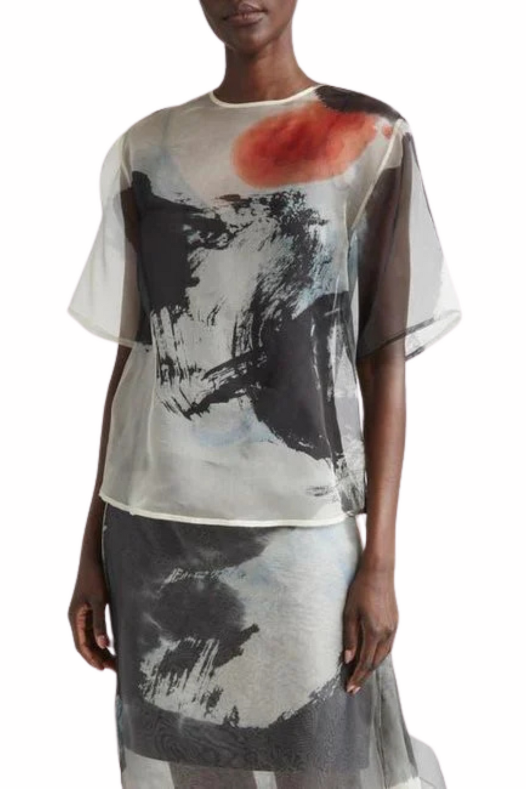 SILK ORGANZA OVERSIZED CREWNECK T-SHIRT WITH ARTWORK BY TONG YANG TZE