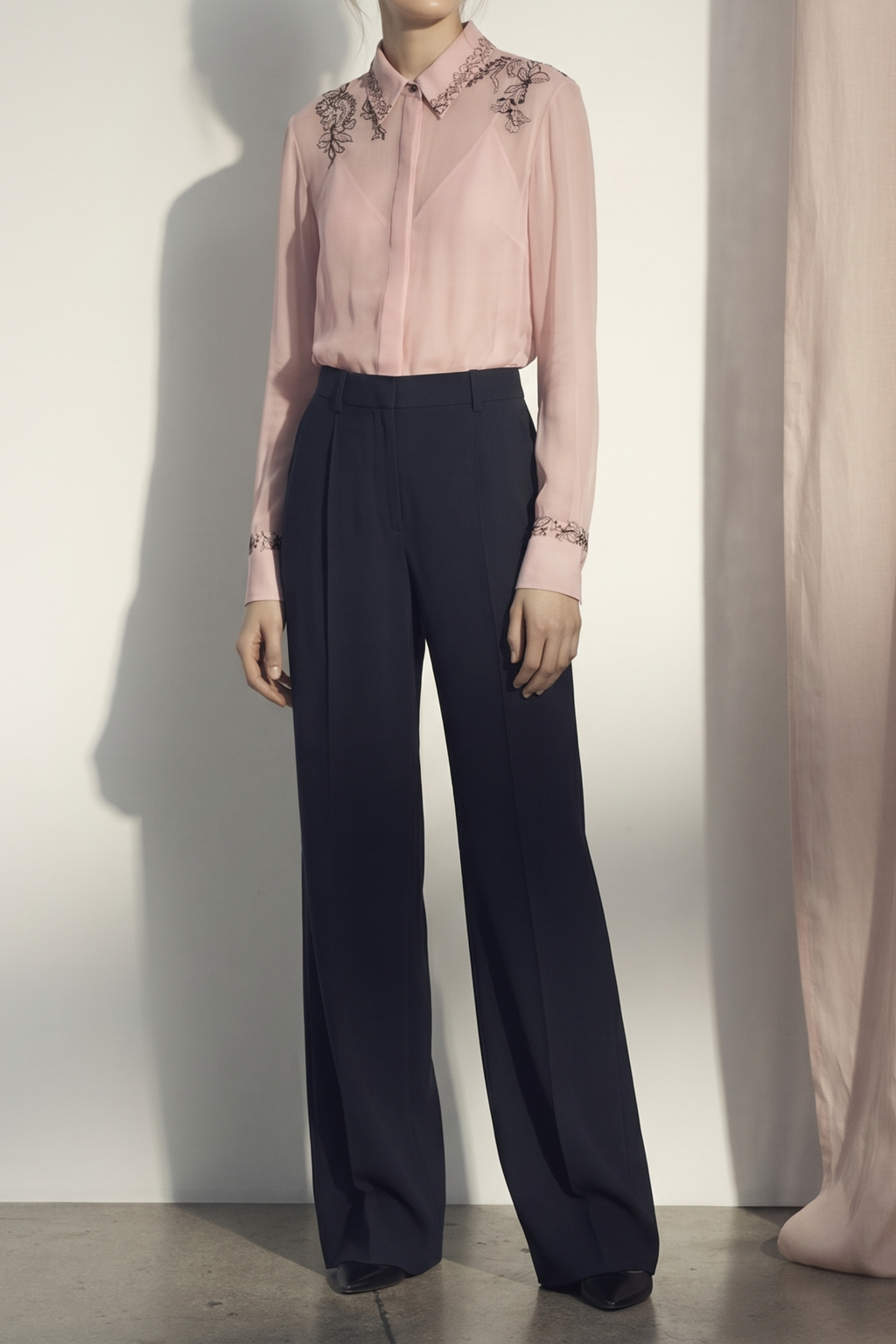 CREPE CHIFFON BUTTON-UP SHIRT WITH LACE