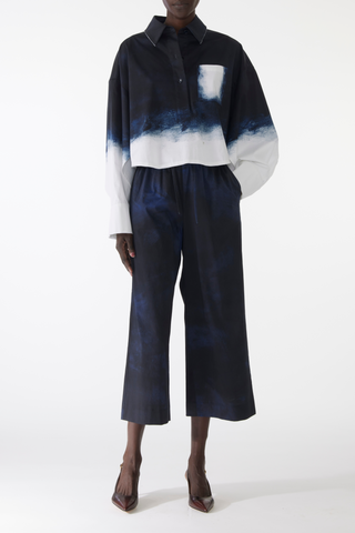 BRUSHED CANVAS PRINTED WIDE LEG PANT WITH ELASTIC WAIST