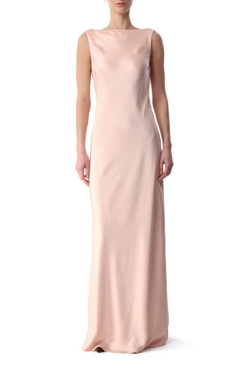 BOAT NECK CREPE BACK SATIN GOWN WITH LOW BACK view 1