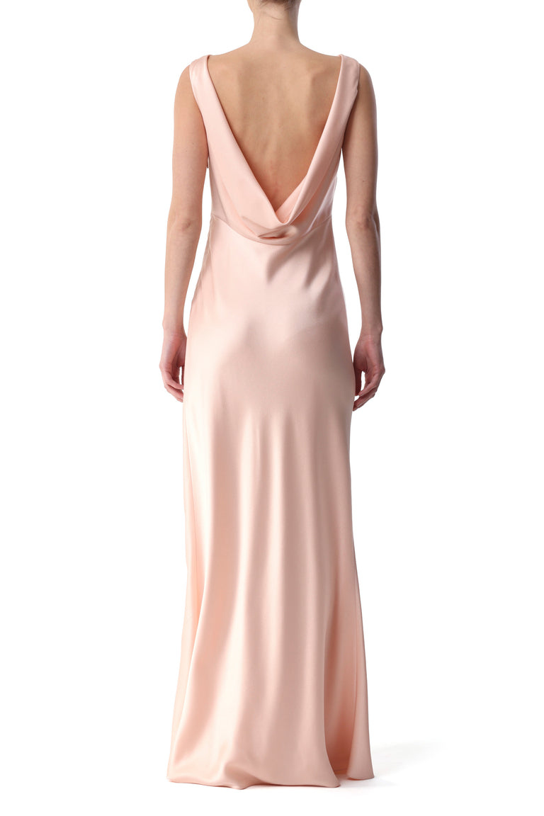 BOAT NECK CREPE BACK SATIN GOWN WITH LOW BACK view 3