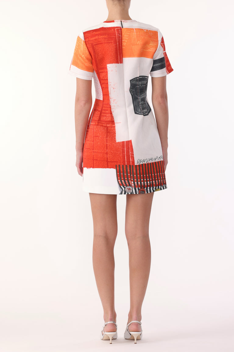 MATTE DUCHESS MINI A-LINE DRESS WITH CAT PAWS ARTWORK BY ROBERT RAUSCHENBERG view 4