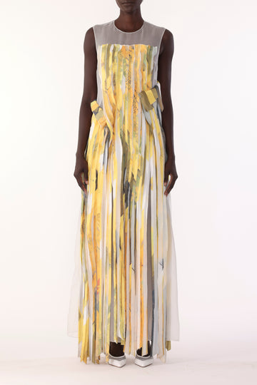 SLEEVELESS STRIP TANK GOWN WITH SULPHUR BANK ARTWORK BY ROBERT RAUSCHENBERG view 1