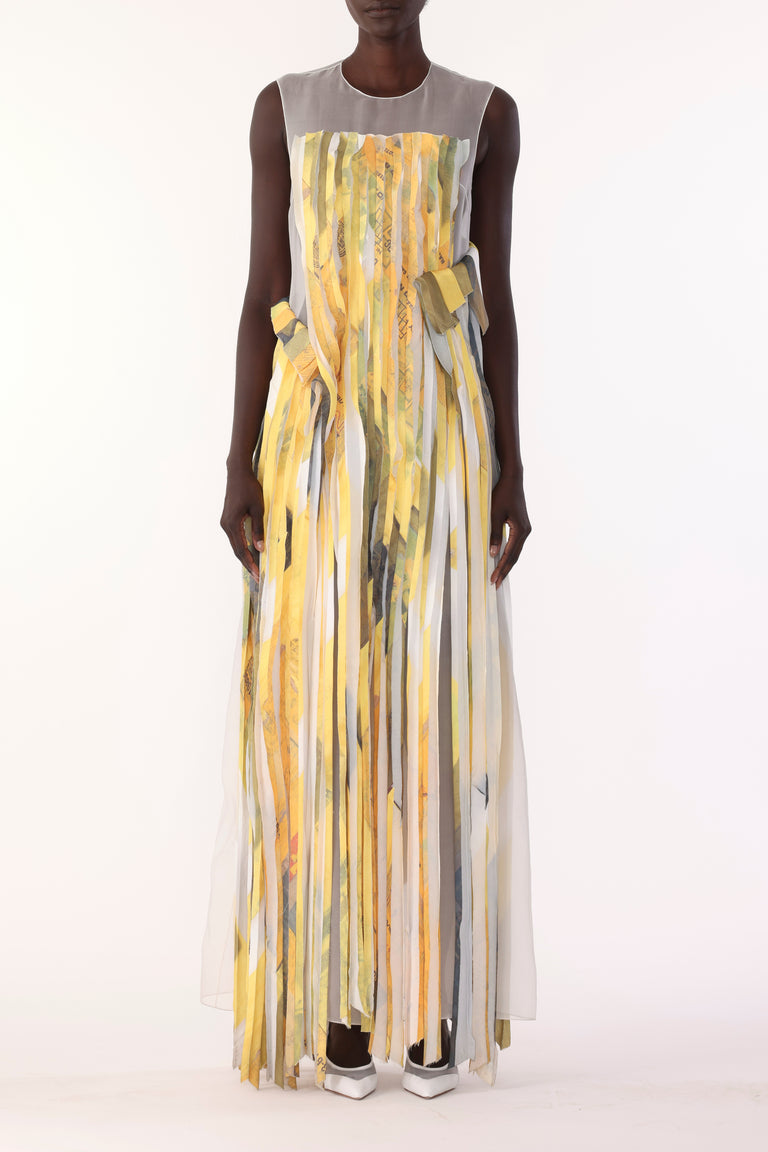 SLEEVELESS STRIP TANK GOWN WITH SULPHUR BANK ARTWORK BY ROBERT RAUSCHENBERG view 1