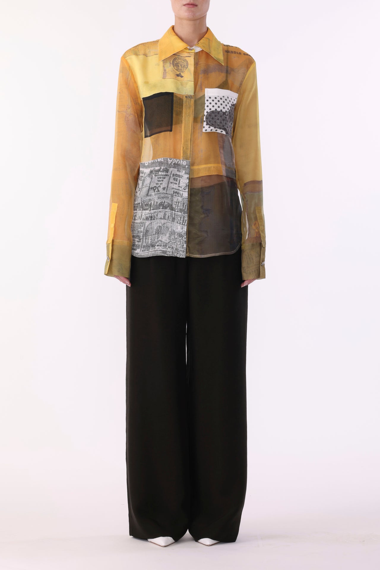 COLLAGE LONG SLEEVE ORGANZA SHIRT WITH SULPHUR BANK ARTWORK BY ROBERT RAUSCHENBERG view 2