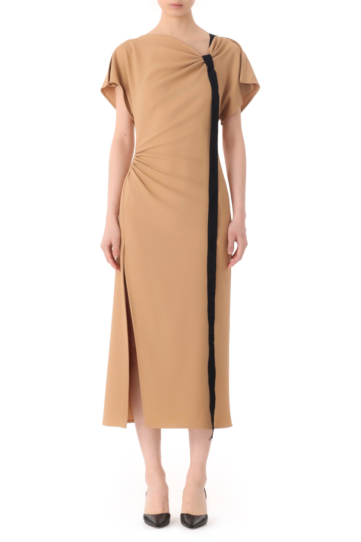 DRAPED NECK FLUID CREPE DRESS WITH TIE DETAIL