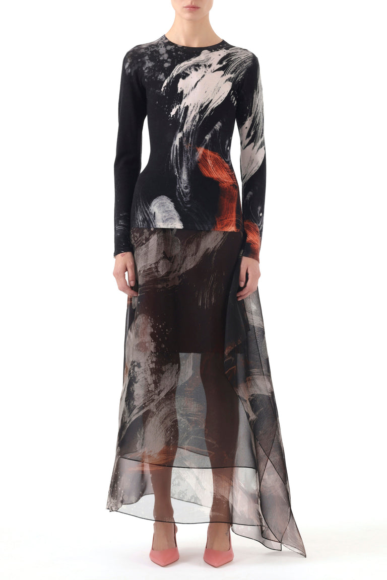 SILK ORGANZA BRUSHSTROKE PRINTED MIDI SKIRT view 1