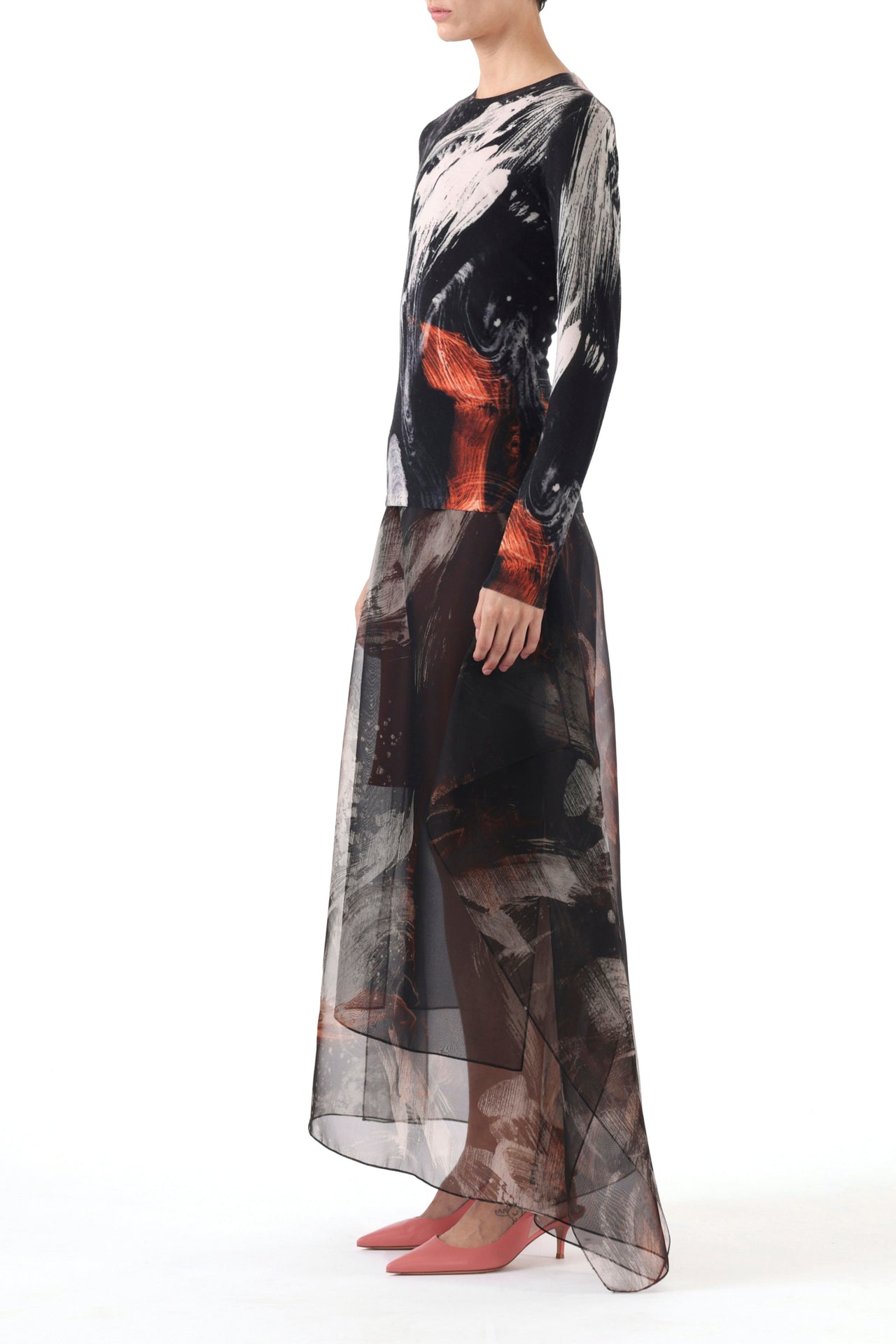 SILK ORGANZA BRUSHSTROKE PRINTED MIDI SKIRT view 2