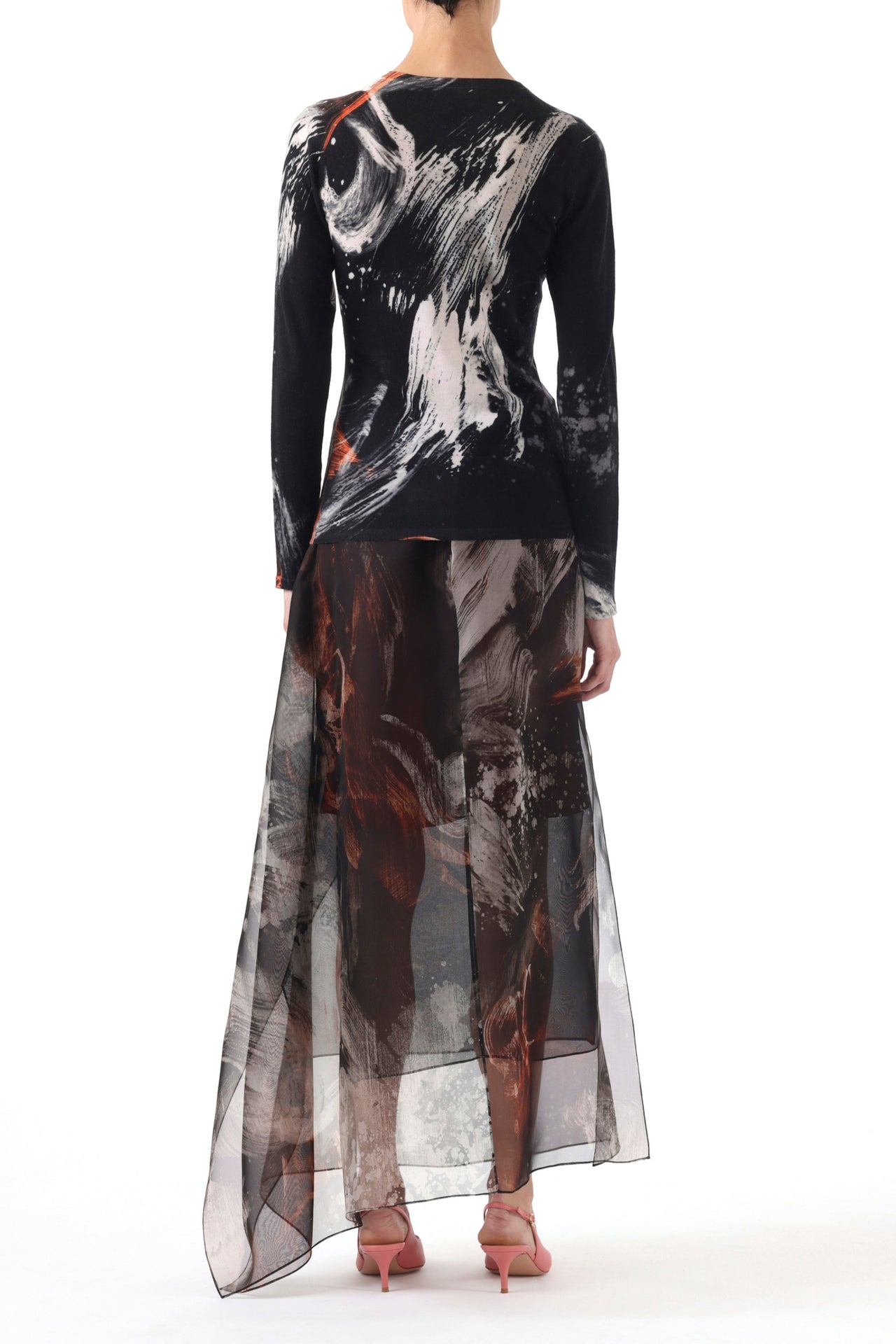 SILK ORGANZA BRUSHSTROKE PRINTED MIDI SKIRT view 3