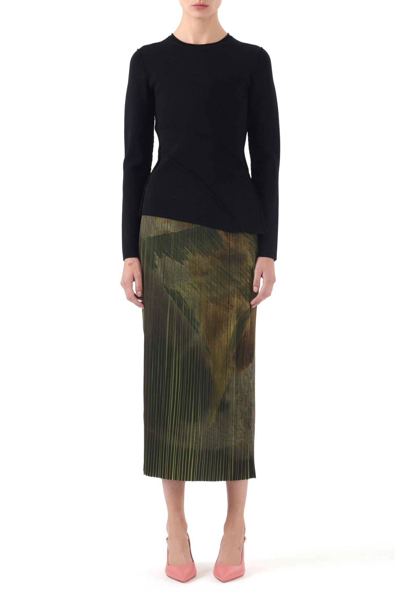 BRUSHSTROKE PRINT PLEATED PENCIL SKIRT view 1