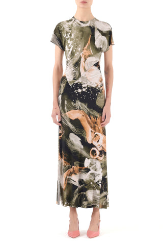 BRUSHSTROKE PRINTED JERSEY CAP SLEEVE MIDI DRESS