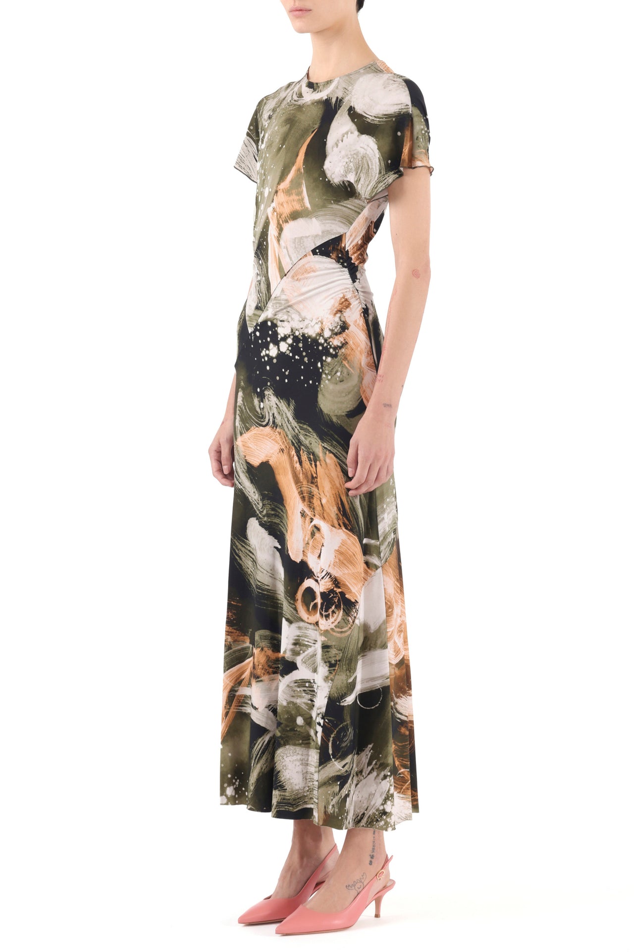 BRUSHSTROKE PRINTED JERSEY CAP SLEEVE MIDI DRESS view 2