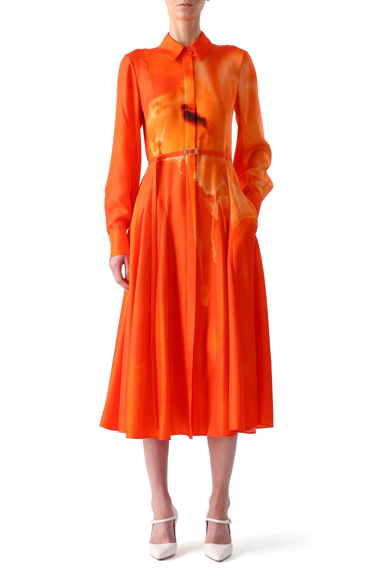 Model in a silk shirtdress with papaya chalk multi floral print and flared godet skirt. view 2