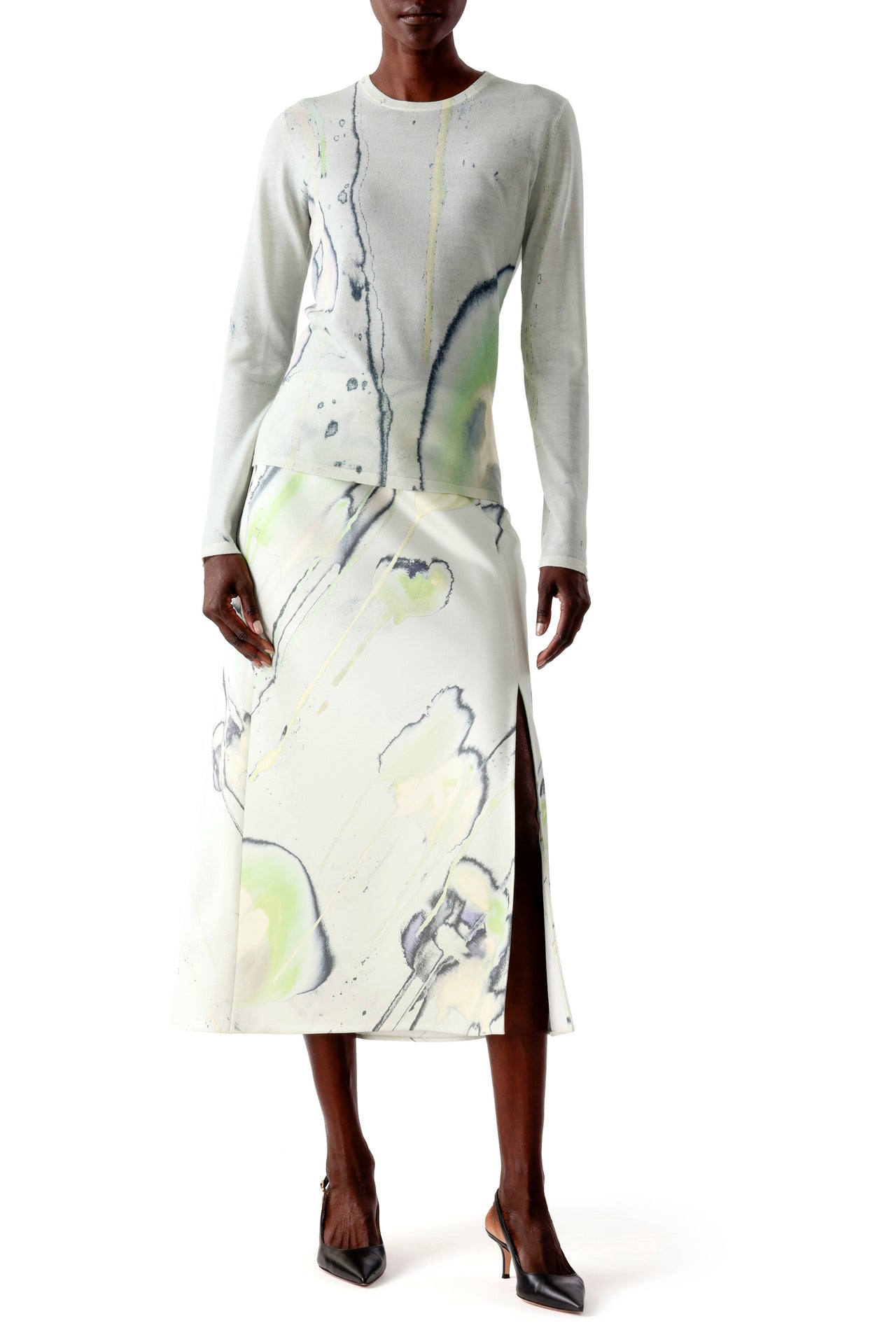 CREPE SATIN WATERCOLOR FLORAL BIAS SLIP PENCIL SKIRT view 1