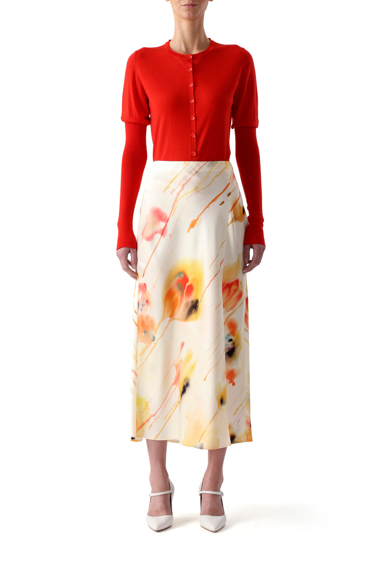 Model in a limoncello multi printed top with relaxed fit and soft movement. view 3