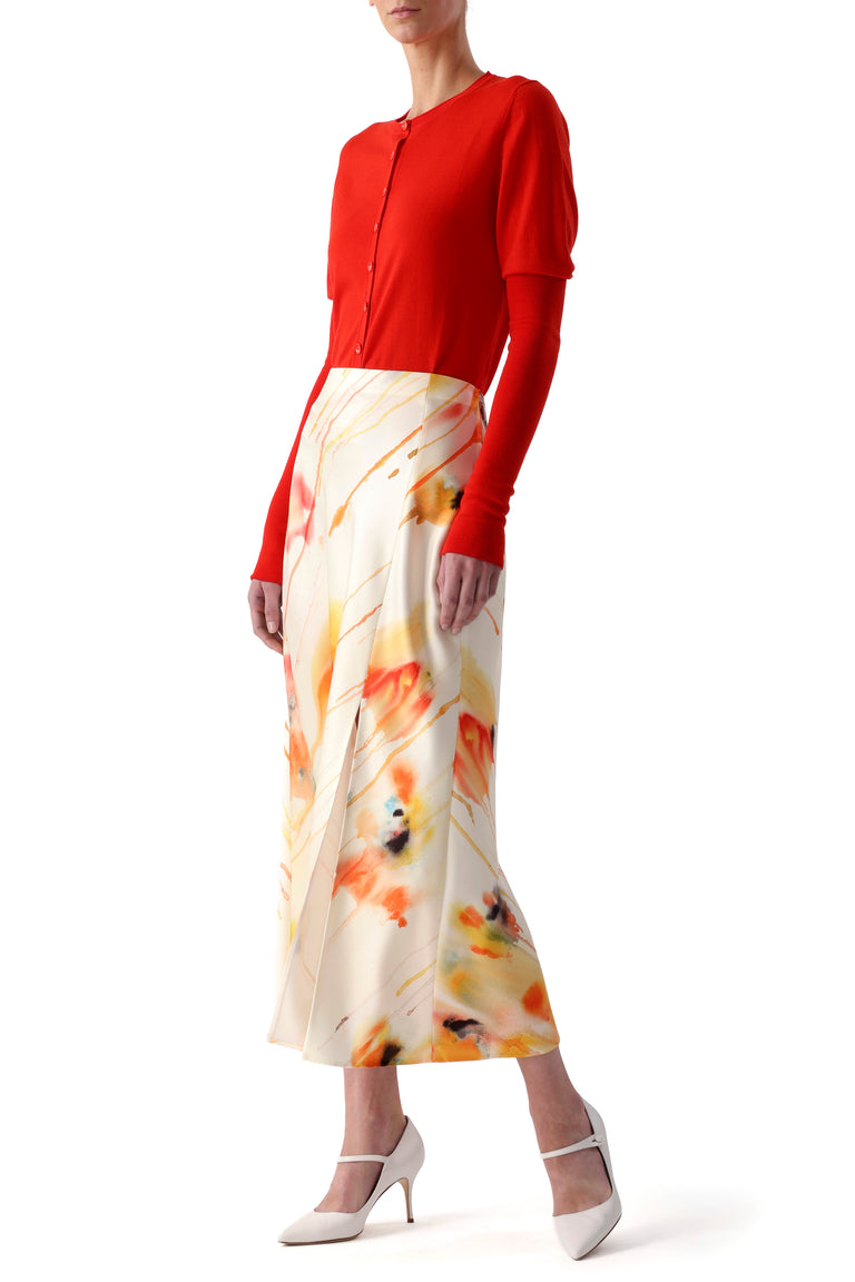 WASHED SATIN WATERCOLOR FLORAL BIAS SLIP PENCIL SKIRT view 1