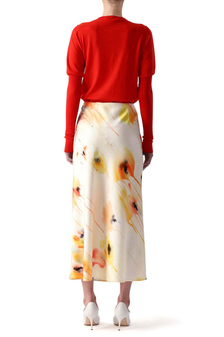 WASHED SATIN WATERCOLOR FLORAL BIAS SLIP PENCIL SKIRT view 4