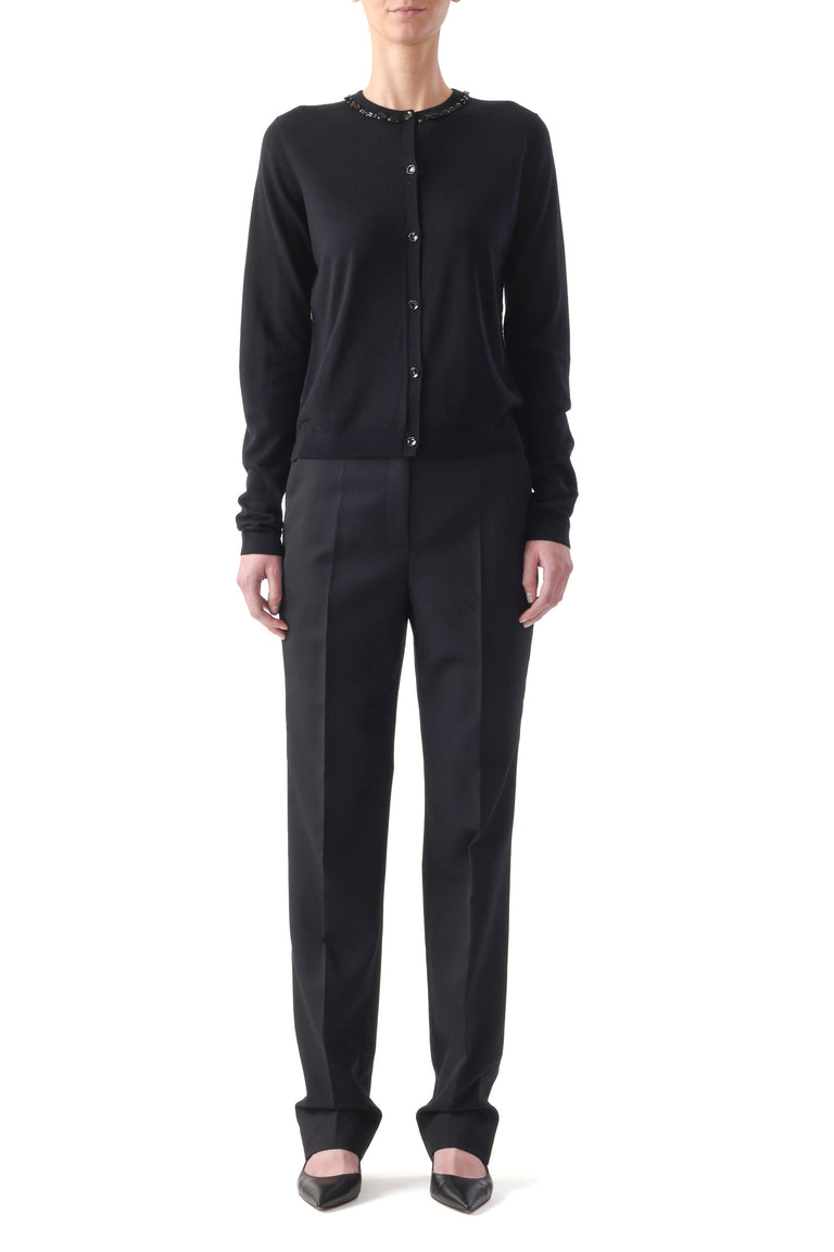 EMBROIDERED MERINO KNIT CARDIGAN WITH WASHED SATIN view 2