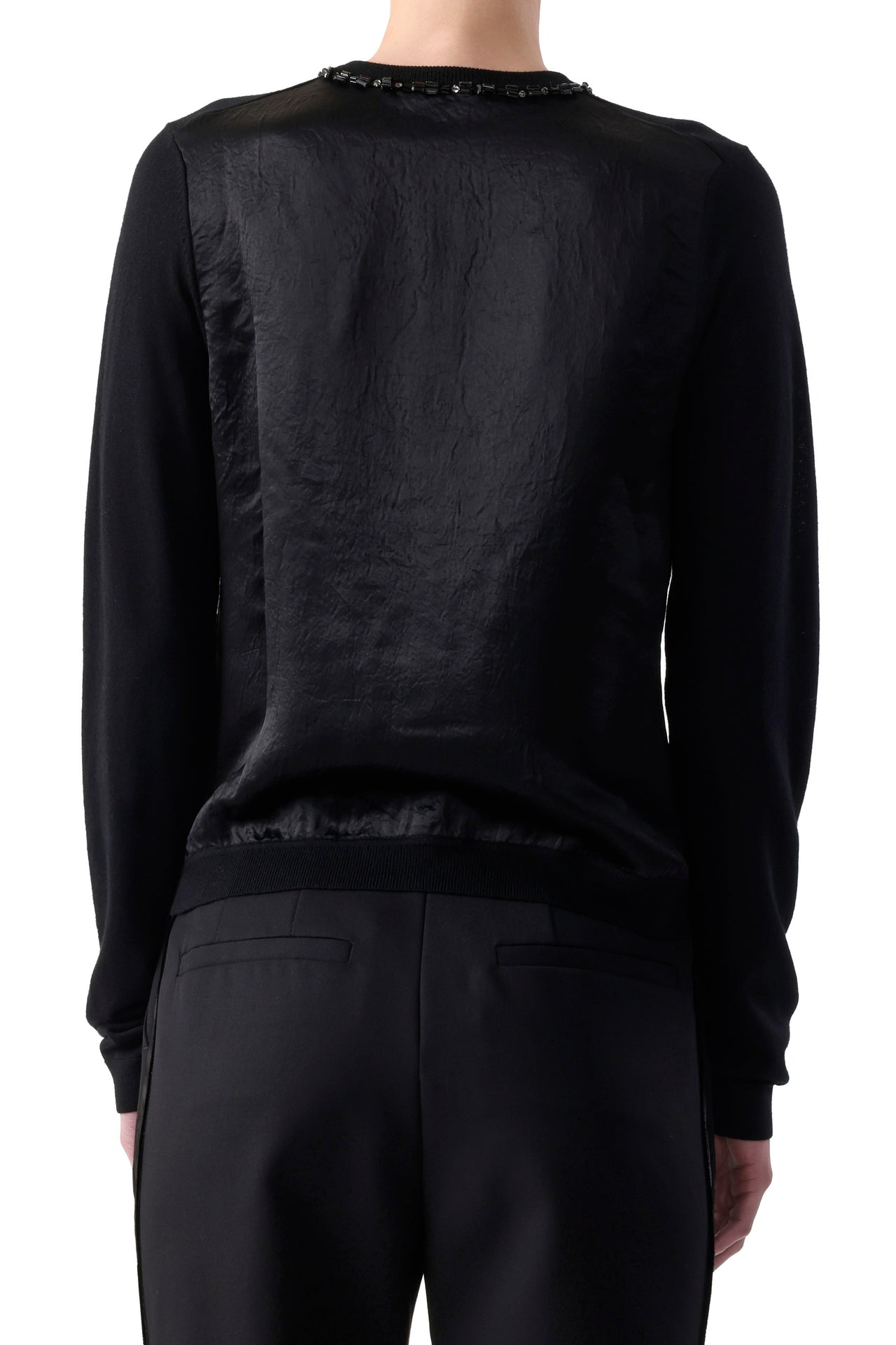 EMBROIDERED MERINO KNIT CARDIGAN WITH WASHED SATIN view 5