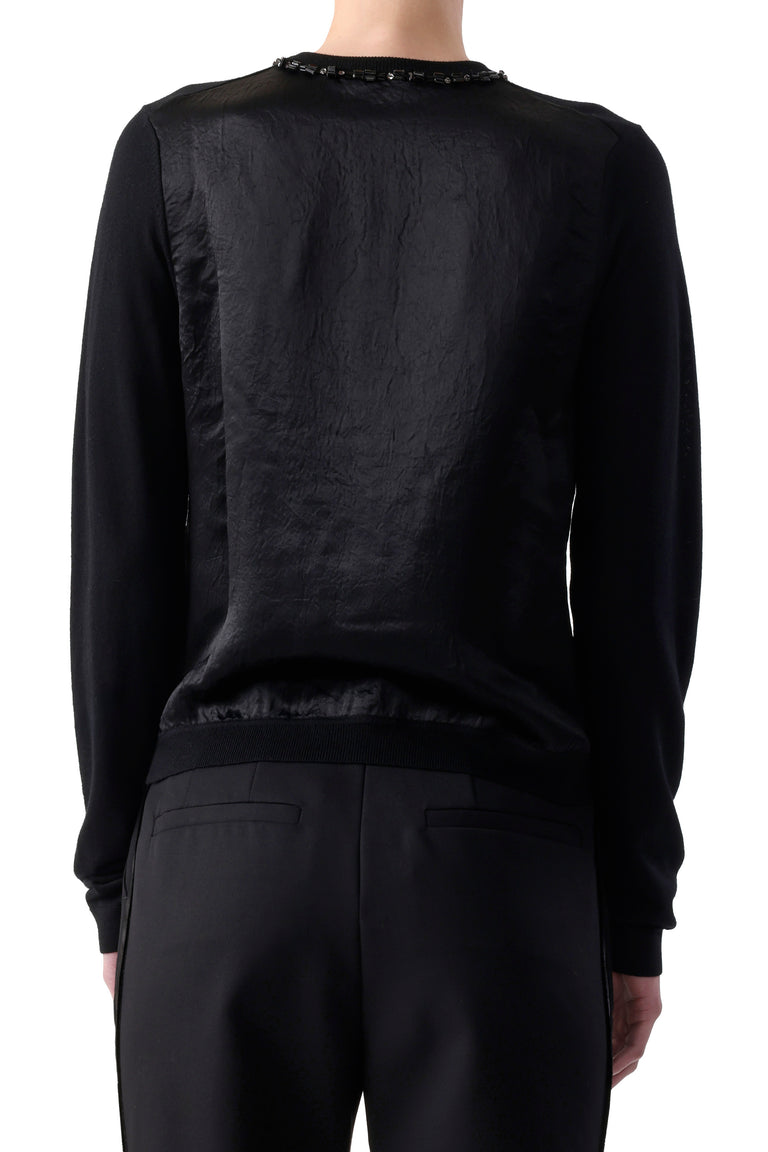 EMBROIDERED MERINO KNIT CARDIGAN WITH WASHED SATIN view 5