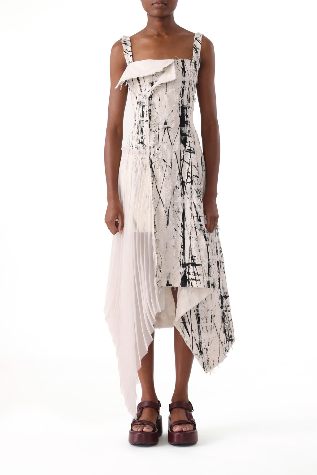 BRUSHSTROKE FRAY JACQUARD ASYMETRICAL DRESS WITH PLEATED SKIRT