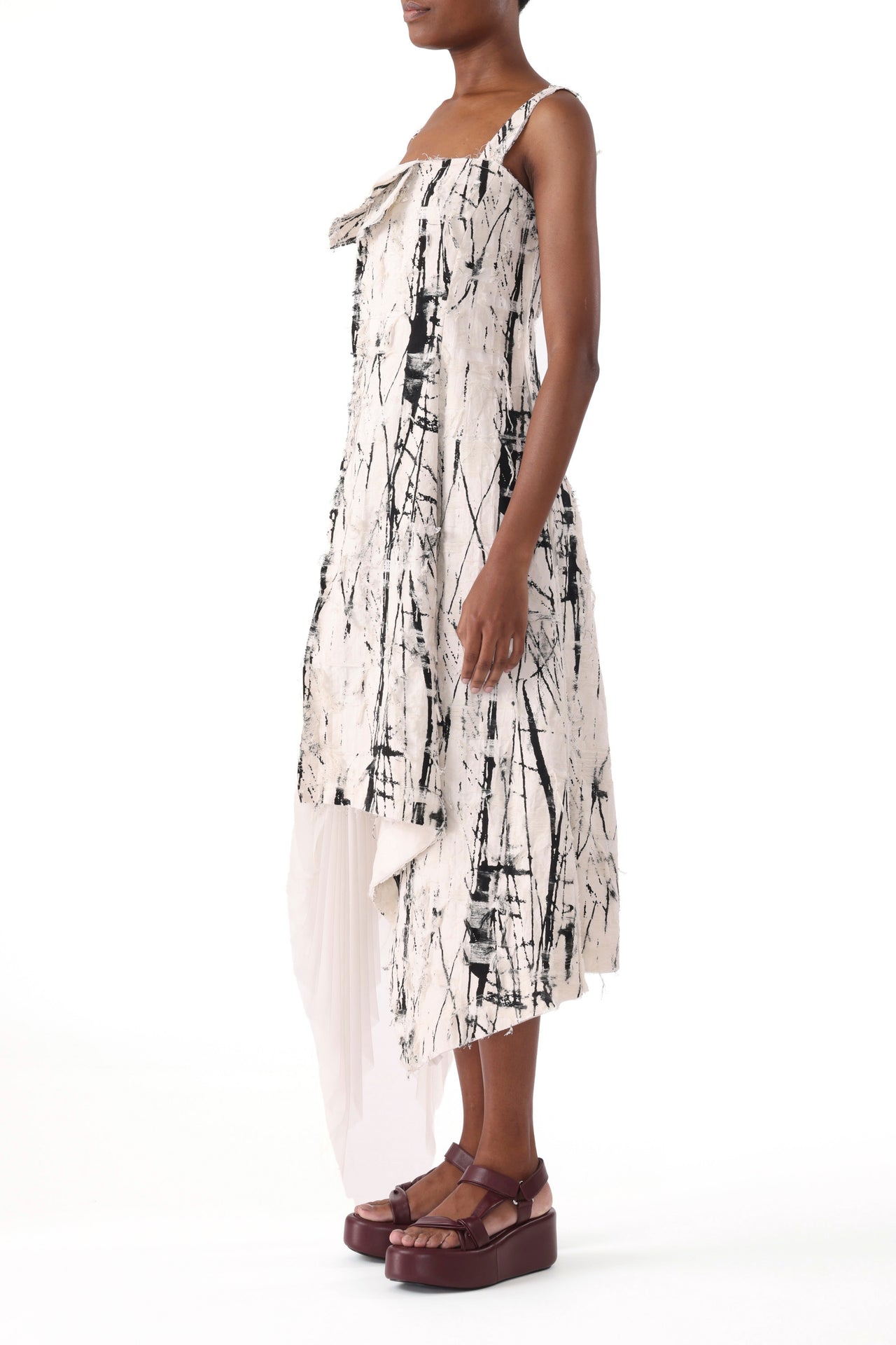 BRUSHSTROKE FRAY JACQUARD ASYMETRICAL DRESS WITH PLEATED SKIRT view 2