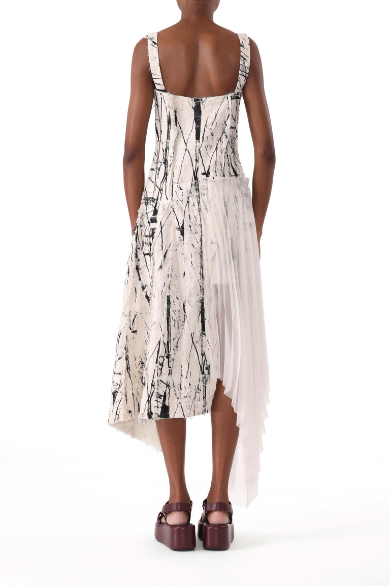 BRUSHSTROKE FRAY JACQUARD ASYMETRICAL DRESS WITH PLEATED SKIRT view 3