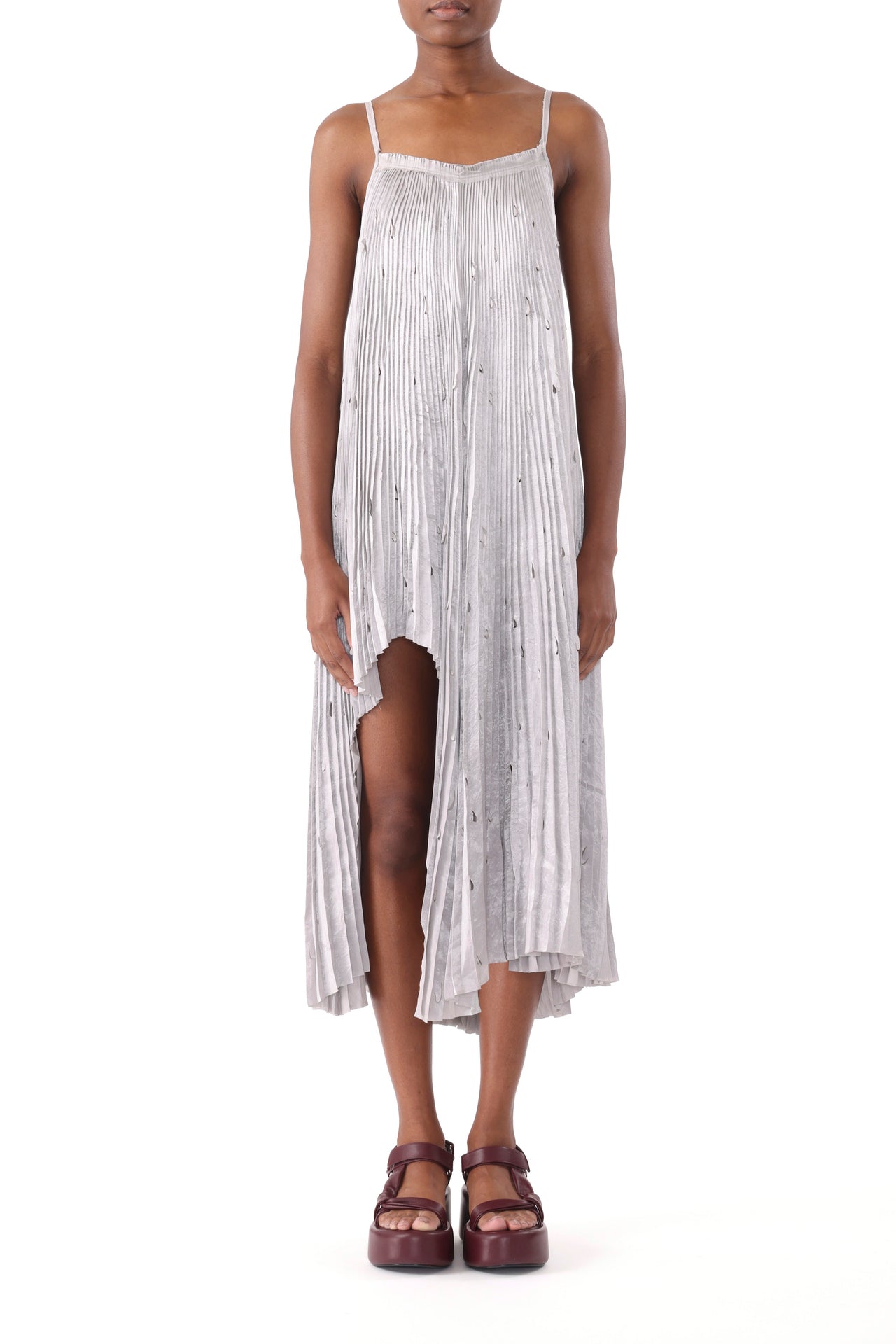 PLEATED CRINKLED SATIN SLIP DRESS WITH LASER CUT HEM view 1