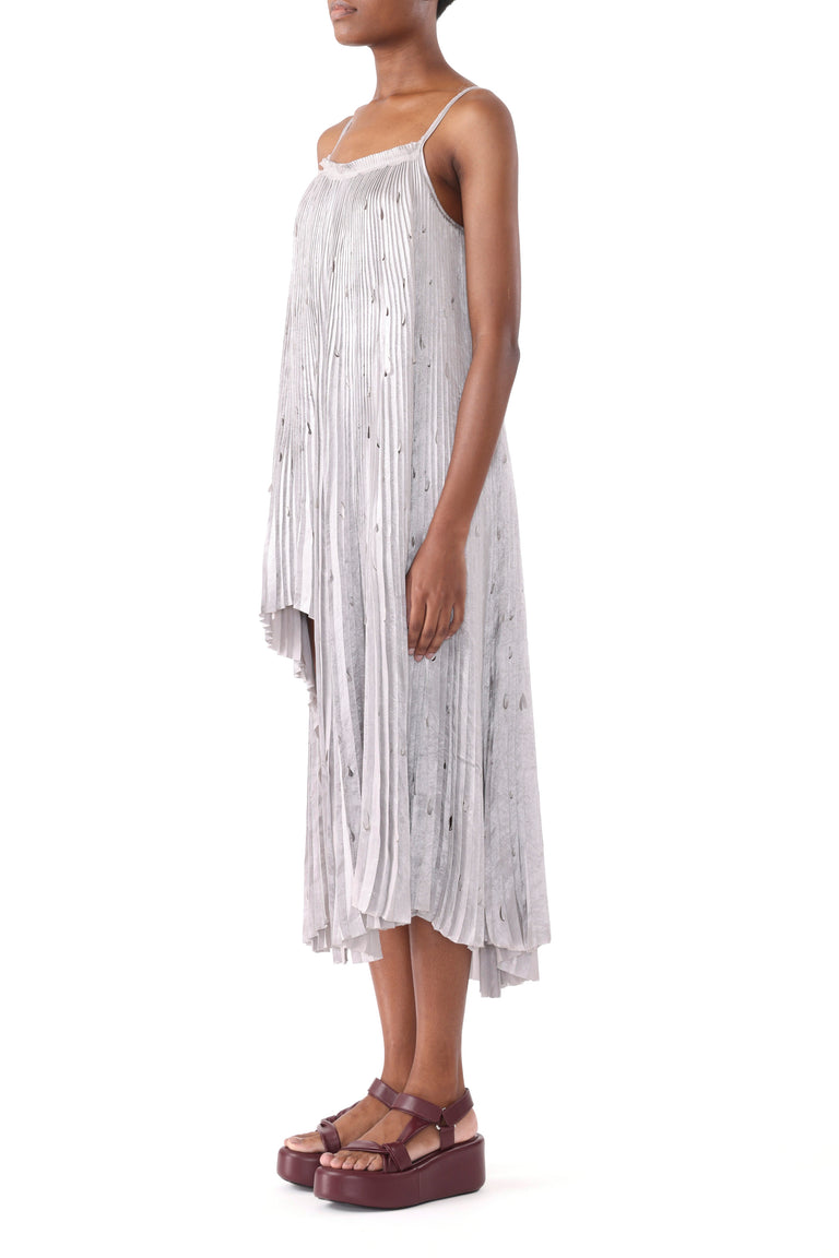 PLEATED CRINKLED SATIN SLIP DRESS WITH LASER CUT HEM view 2