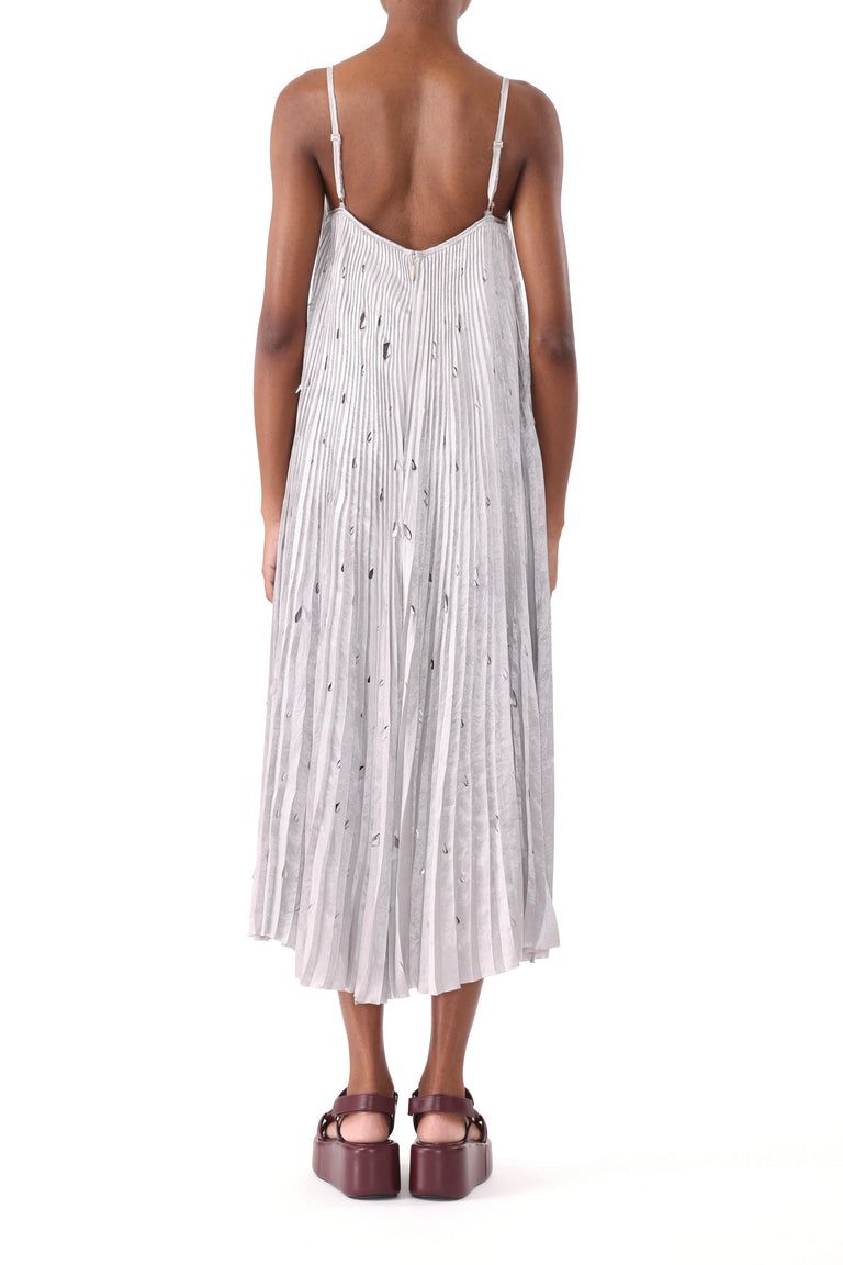 PLEATED CRINKLED SATIN SLIP DRESS WITH LASER CUT HEM view 3