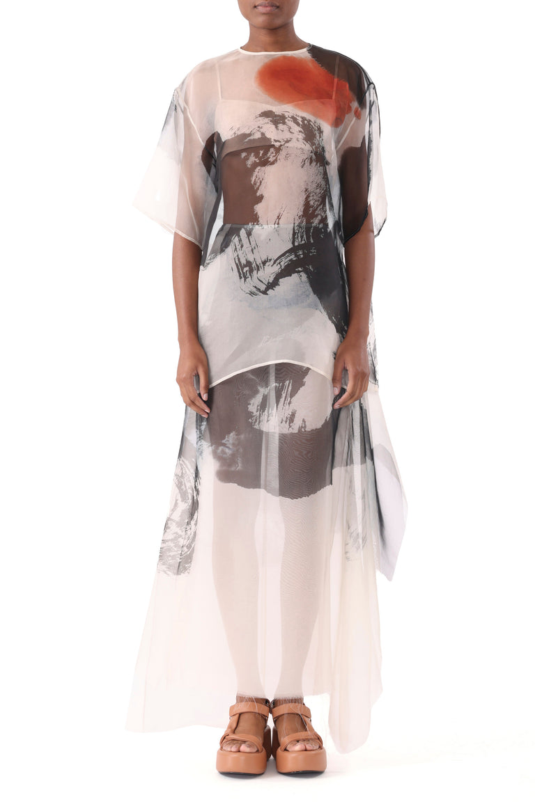 SILK ORGANZA OVERSIZED CREWNECK T-SHIRT WITH ARTWORK BY TONG YANG TZE view 3