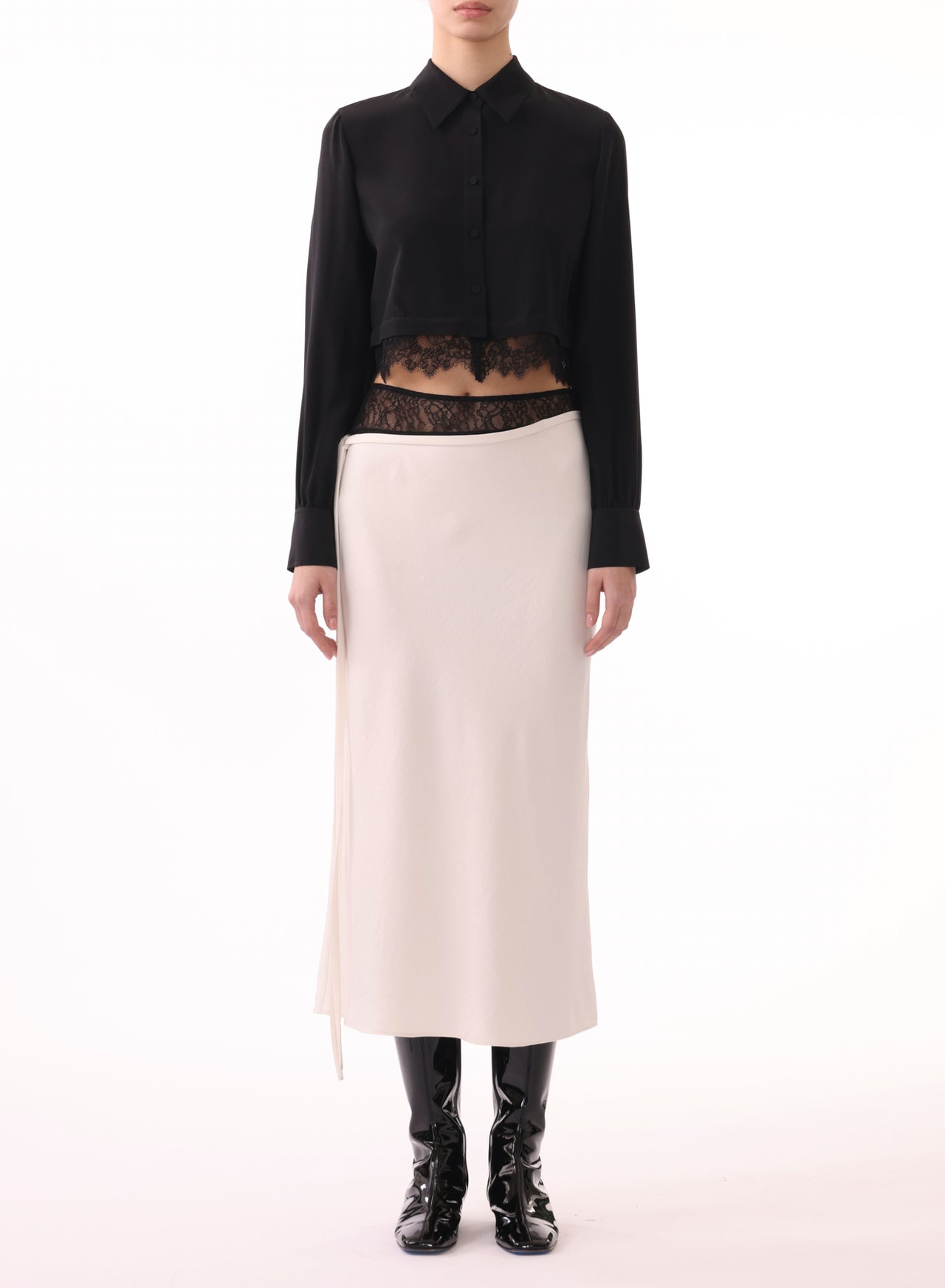 LONG SLEEVE CROPPED BLOUSE W/ CORDED LACE TRIM view 2