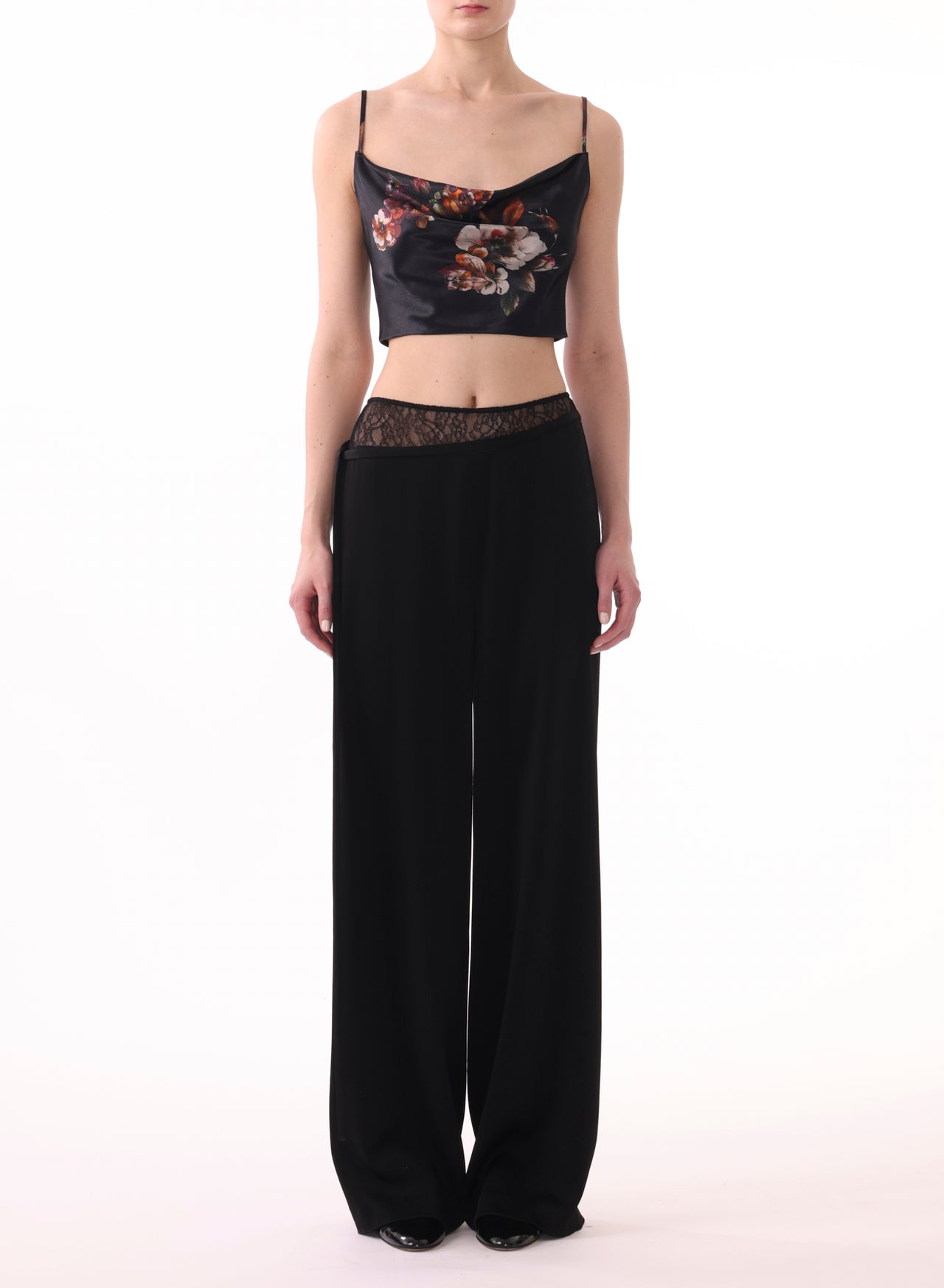 WIDE LEG PANTS  W/ LACE COMBO DETAIL AND SELF TIES view 2